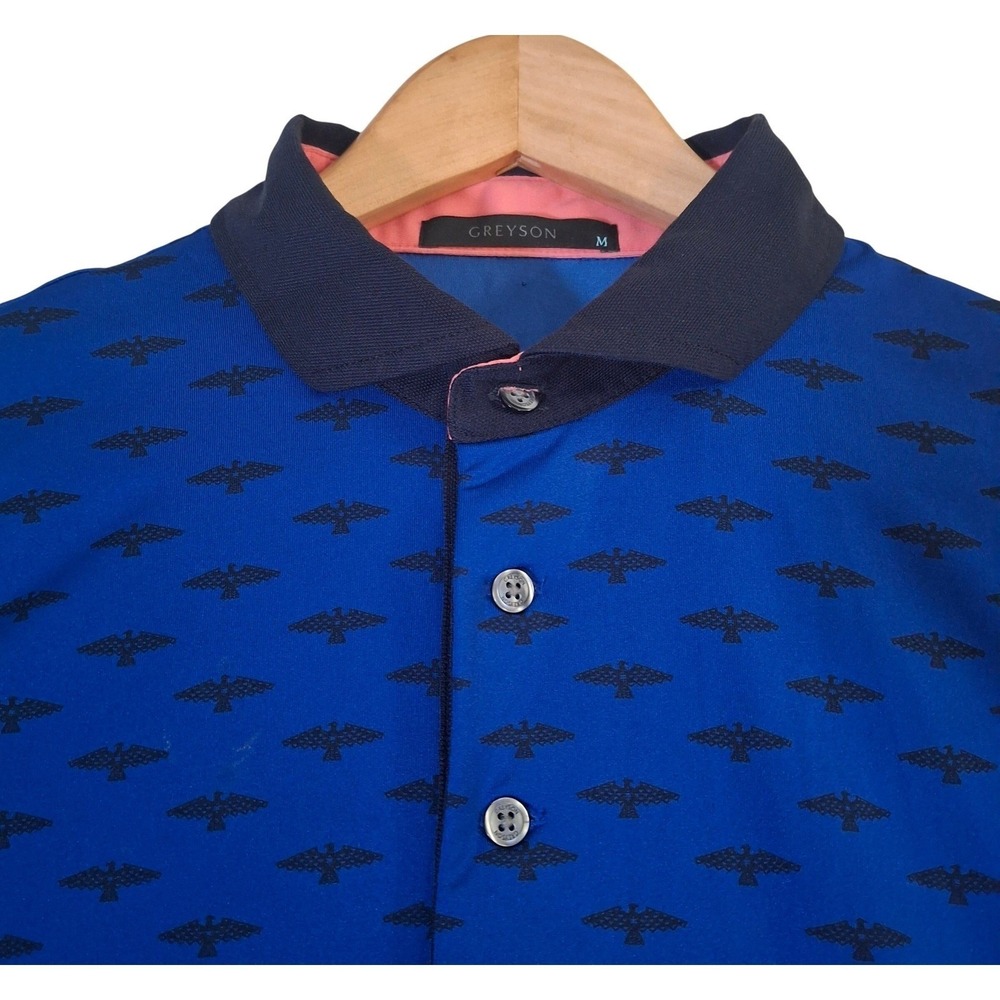 Greyson Bird Print Golf Polo Shirt Men's Medium Blue Black Performance Stretch